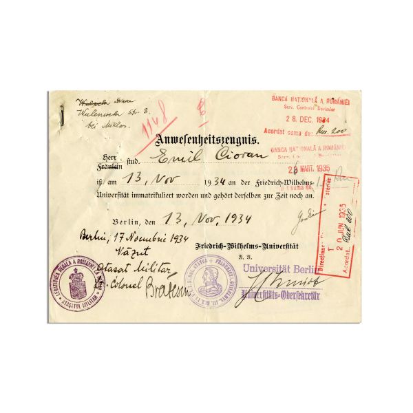 Emil Cioran, Certificat de frecvență, 13 noiembrie 1934 