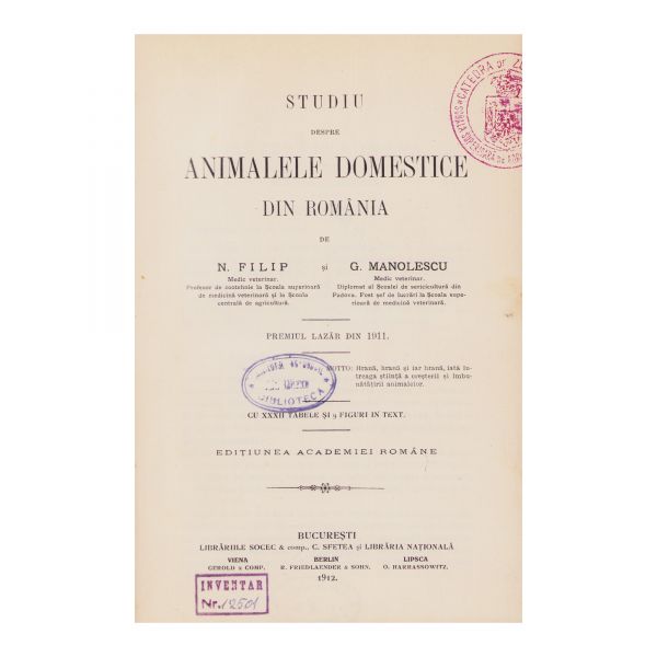 N. Filip, G. Manolescu, Studii despre animalele domestice din România, 1912