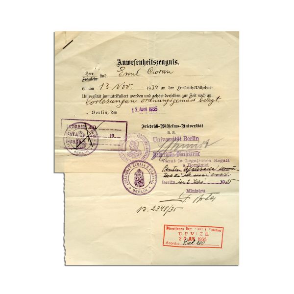 Emil Cioran, Certificat de frecvență, 17 aprilie 1935