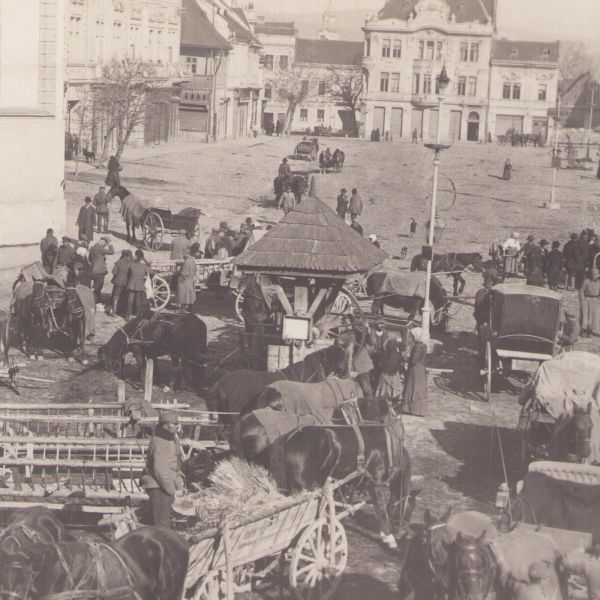 Târg în centrul orașului Târgu Secuiesc, fotografie format carte poștală