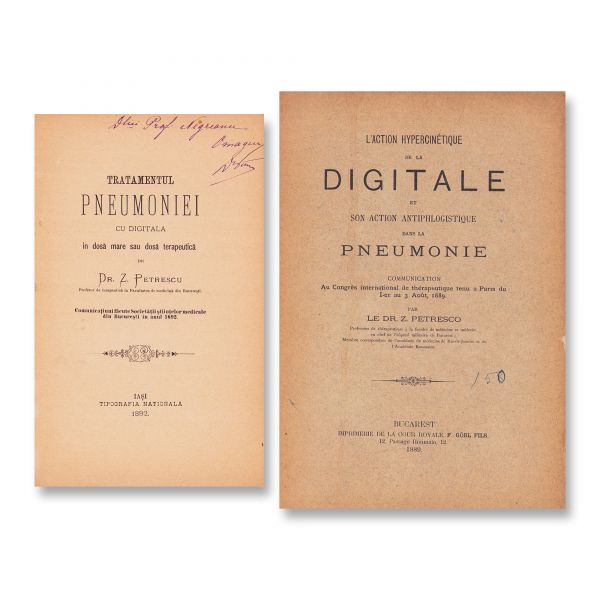 Dr. Z. Petrescu, două comunicări despre tratamentul pneumoniei, 1889-1892, cu dedicație 