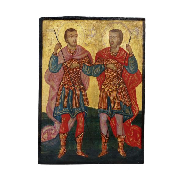 Icoană Sfinții Mari Mucenici Teodor Stratilat și Teodor Tiron, tempera pe lemn, începutul sec. XX
