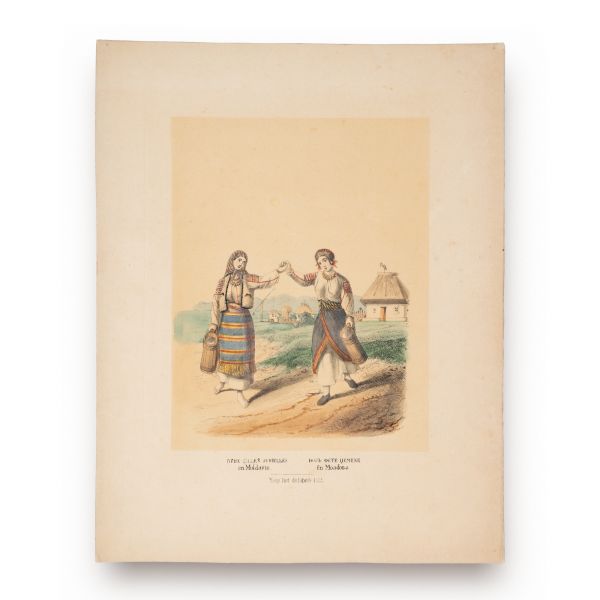 Două fete gemene în Moldova, litografie colorată manual în acuarelă, litograf Alexandru Asachi, 1855