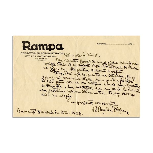 Romulus Dianu, scrisoare pentru Mircea Eliade, 22 noiembrie 1929