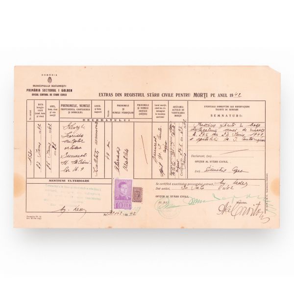 Extras din registru privind decesul sculptorului Gheorghe Leonida, 27 iunie 1942