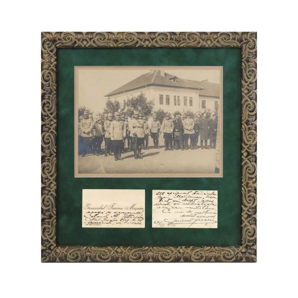 Generalul Traian Moșoiu, fotografie + carte de vizită cu text olograf