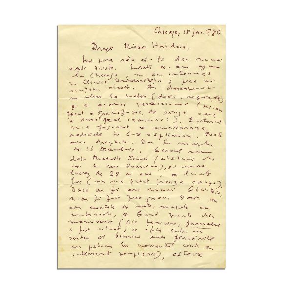 Mircea Eliade, scrisoare pentru Mircea Handoca, 18 ianuarie 1986 - ultima scrisoare expediată 