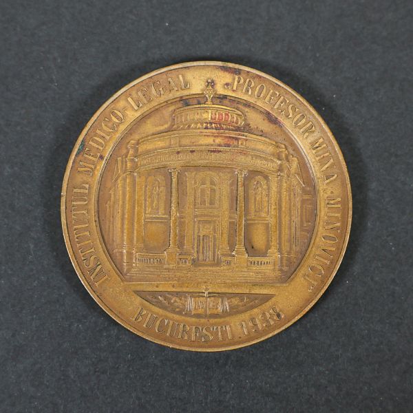 Frații Minovici - Institutul Medico-Legal „Profesor Mina Minovici”, medalie din bronz patinat, 1938, gravor Emil Wilhelm Becker 