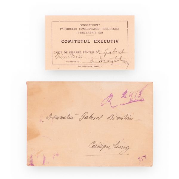 Alexandru Marghiloman, scrisoare și carte de intrare expediate farmacistului Gabriel Dimitriu, 1922