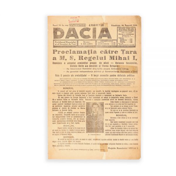 Publicația „Dacia”, 26 August 1944 - Proclamația către țară a M. S. Regelui Mihai I