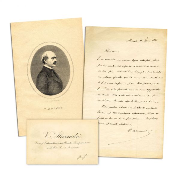 Vasile Alecsandri, heliogravură, scrisoare olografă și carte de vizită