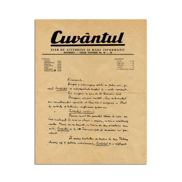 Publicația „Cuvântul”, 1938, reproducerea unui scrisori către abonați