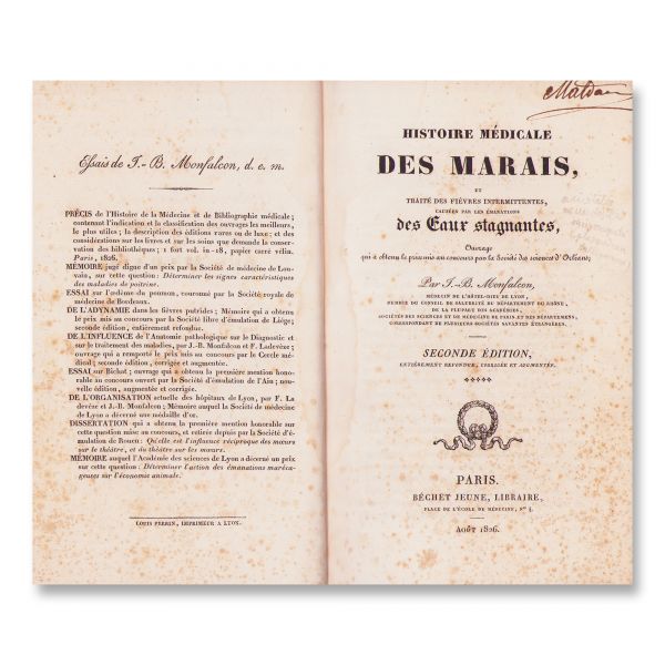 Jean Baptiste Monfalcon, Istoria medicală a mlaștinilor și tratatul febrelor, 1826 