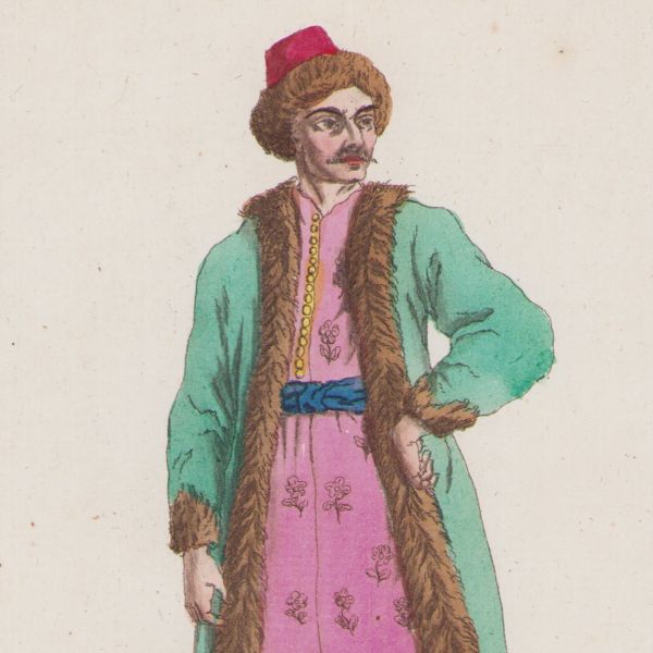 Boier și boieroaică din Valahia, două gravuri în cupru colorate manual, sec. XIX