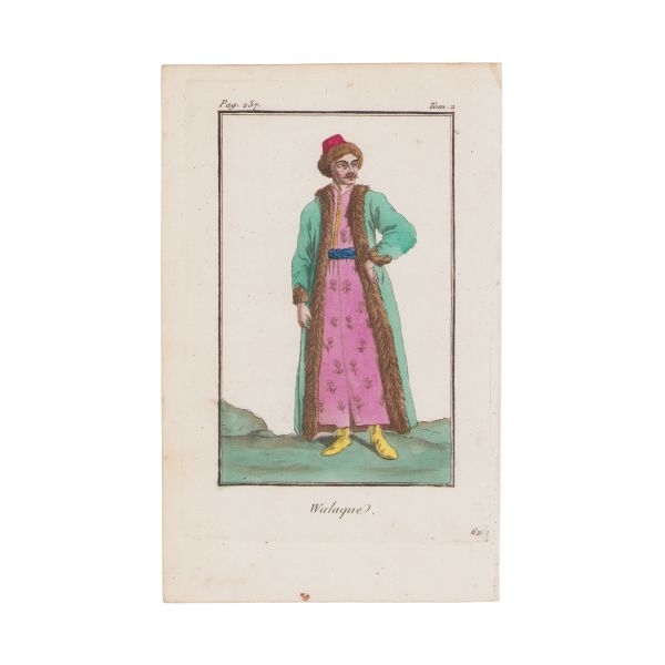 Boier și boieroaică din Valahia, două gravuri în cupru colorate manual, sec. XIX