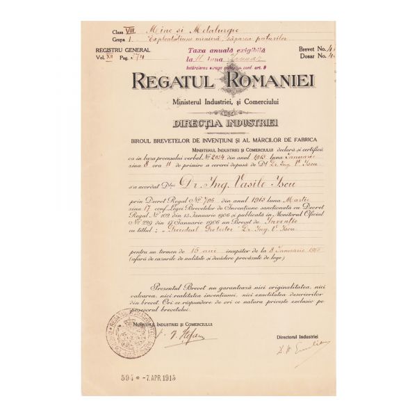 Ing. Vasile Iscu, două brevete de invenție, 1915 - 1920 