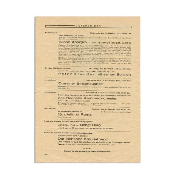 Program, concert Emil von Sauer, 1941, cu semnătură olografă