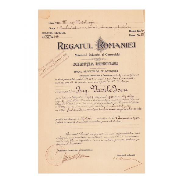 Ing. Vasile Iscu, două brevete de invenție, 1915 - 1920 