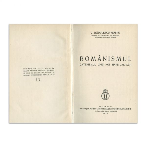 C. Rădulescu-Motru, Românismul, 1936, exemplar bibliofil, cu dedicație către Victor Vâlcovici