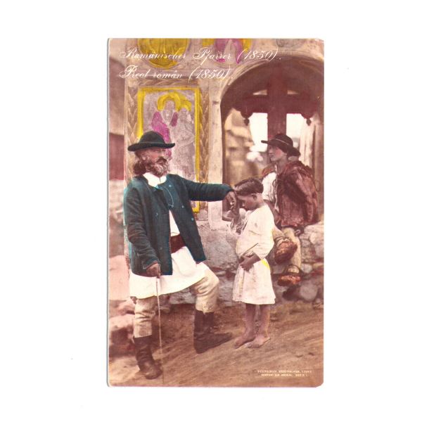 Țăran român binecuvântând, carte poștală colorată din seria „Porturi din Ardeal”