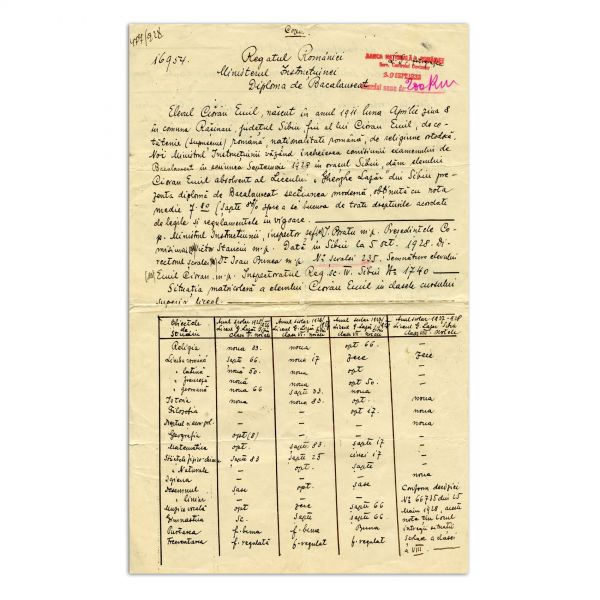 Emil Cioran, copia legalizată a diplomei de Bacalaureat, 1928 - Piesă extrem de rară