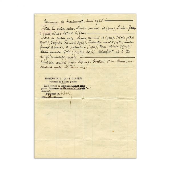 Emil Cioran, copia legalizată a diplomei de Bacalaureat, 1928 - Piesă extrem de rară