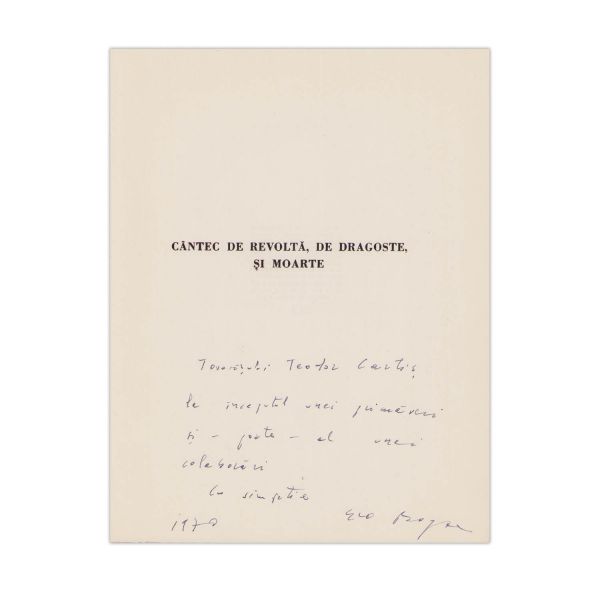 Geo Bogza, Cântec de revoltă, de dragoste și moarte, exemplar numerotat, cu dedicație pentru Teodor Cartiș