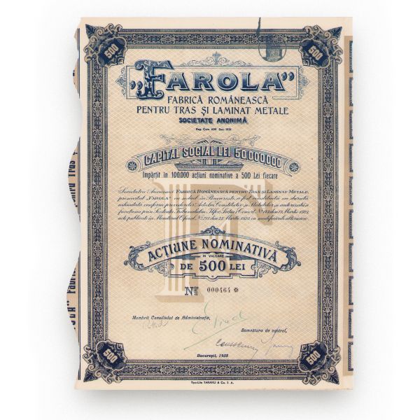„Farola” - Fabrică românească pentru tras și laminat metale, acțiune în valoare de 500 lei 