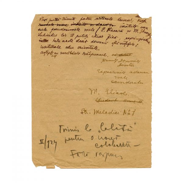Mircea Eliade, scrisoare olografă către directorul Ziarului Științelor și Călătoriilor 