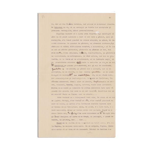 Mircea Eliade, dactilograma unui fragment din romanul „Întoarcerea din rai”, cu corecturi și semnătură olografă