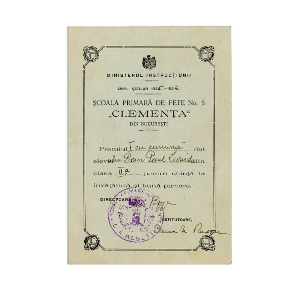 Dan Paul Leonida, două premii de la Școala primară de fete nr. 5 „Clemența”, 1934-1936