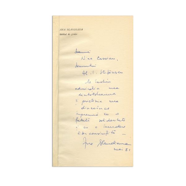Ana Blandiana, Ochiul de greier, 1981, cu dedicație pentru Nina Cassian și Al. I. Ștefănescu