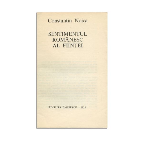 Constantin Noica, Sentimentul românesc al ființei, 1978, cu dedicație pentru Mircea Handoca