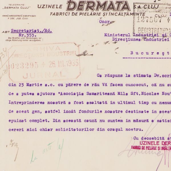 Uzinele „Dermata”. Fabrici de pielărie și încălțăminte din Cluj, adresă privind sprijin financiar, 1935