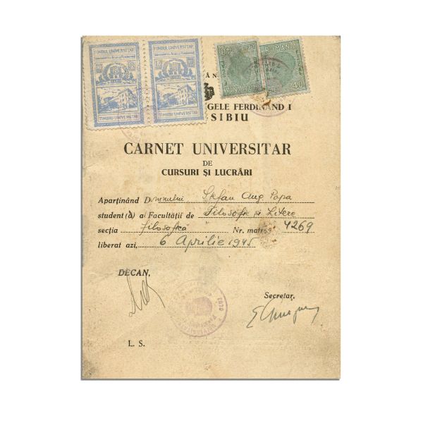Ștefan Augustin Doinaș, carnet universitar de cursuri și lucrări, 1945, cu semnătura lui Lucian Blaga