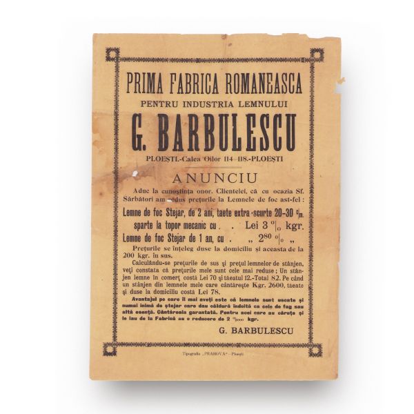 „G. Bărbulescu” - prima fabrică românească pentru industria lemnului, anunț