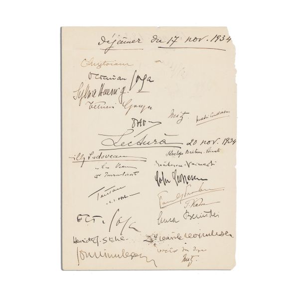 Societatea Scriitorilor Români, filă cu semnături olografe, 1934
