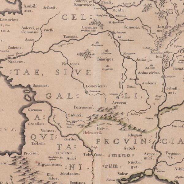 Abraham Ortelius, harta Galiei Antice, gravură în cupru colorată manual, 1642