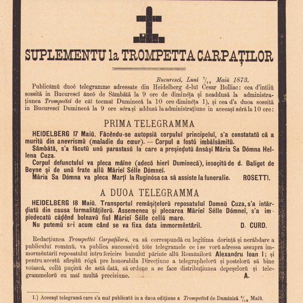 Supliment al publicației „Trompeta Carpaților”, 20 mai/1 iunie 1873 - ferparul lui Alexandru Ioan Cuza