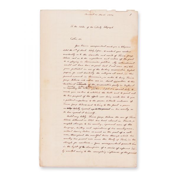 Ion Ghica, scrisoare expediată editorului publicației „The Daily Telegraph” privindu-l pe George Bibescu, 13 martie 1884