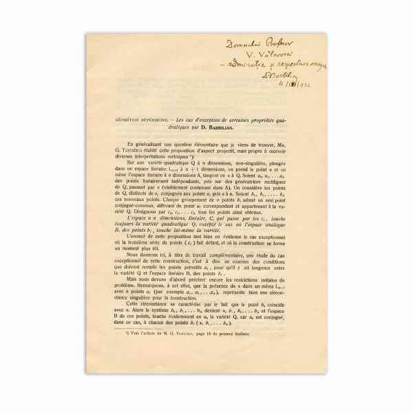 Dan Barbilian, studiu matematic, cu dedicație + carte poștală, 1929 - 1959 