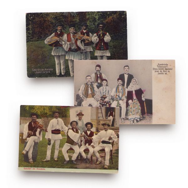 Lăutari la țară, țărani români și tipuri etnice românești, 3 fotografii tip carte poștală colorate