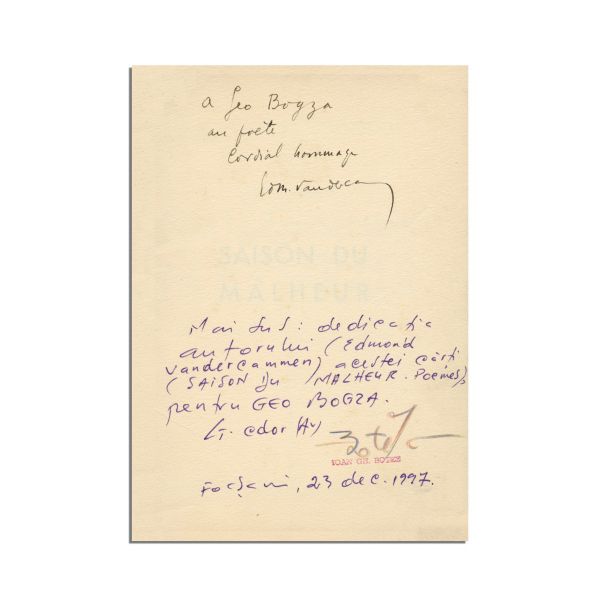 Edmond Vandercammen, Saison du Malheur, cu dedicație către Geo Bogza