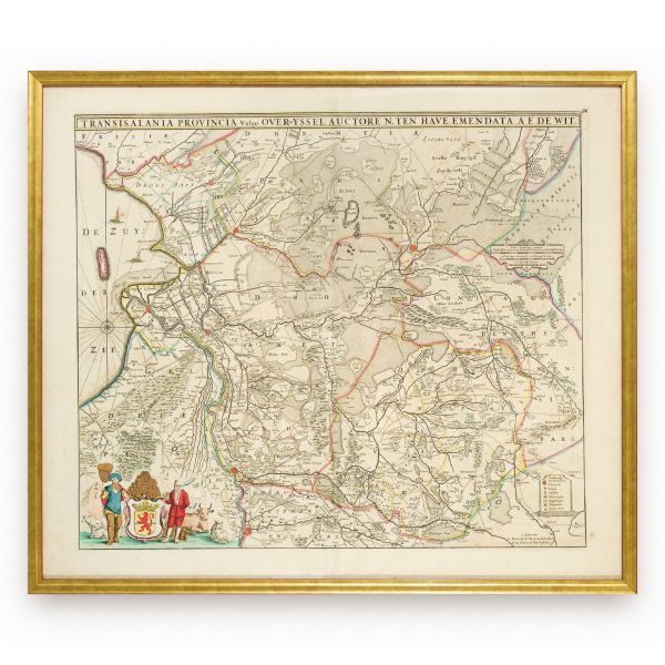 Harta provinciei Overijssel (Transisalania) din Țările de Jos, gravură în cupru colorată manual, cca. 1680