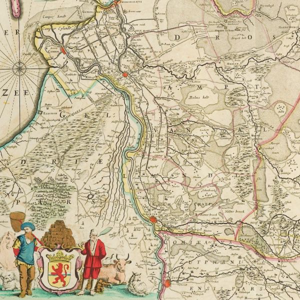 Harta provinciei Overijssel (Transisalania) din Țările de Jos, gravură în cupru colorată manual, cca. 1680