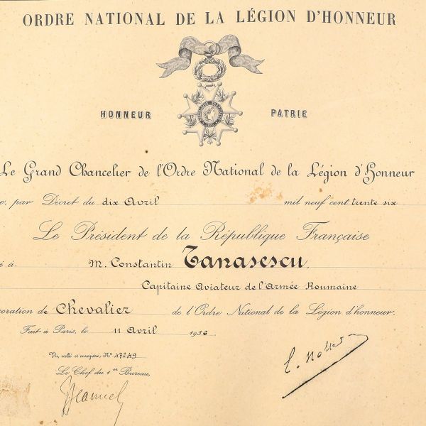 Constantin Tănăsescu, brevet de numire în gradul de Cavaler al Legiunii de Onoare, 1936