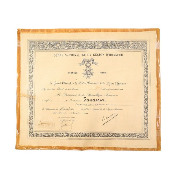 Constantin Tănăsescu, brevet de numire în gradul de Cavaler al Legiunii de Onoare, 1936