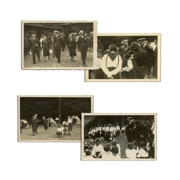 Regele Carol al II-lea vizitând o tabără de cercetașe, 4 fotografii tip carte poștală