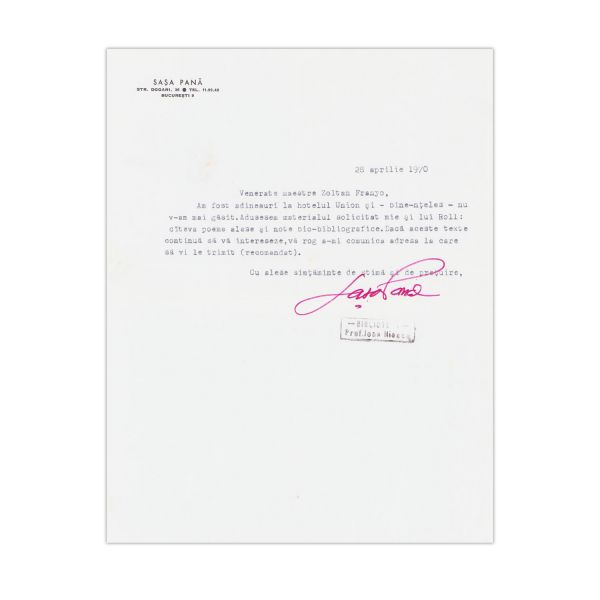 Sașa Pană, scrisoare pentru Zoltan Franyo, 1970, din biblioteca lui Ion Iliescu