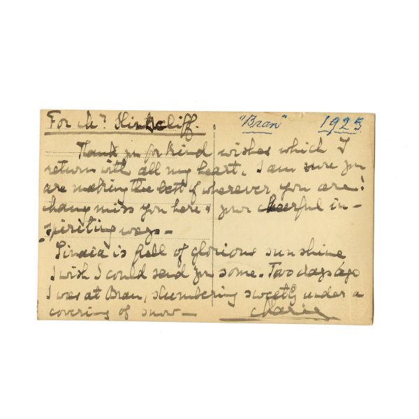 Regina Maria la Castelul Bran, carte poștală fotografică cu dedicație și semnatură